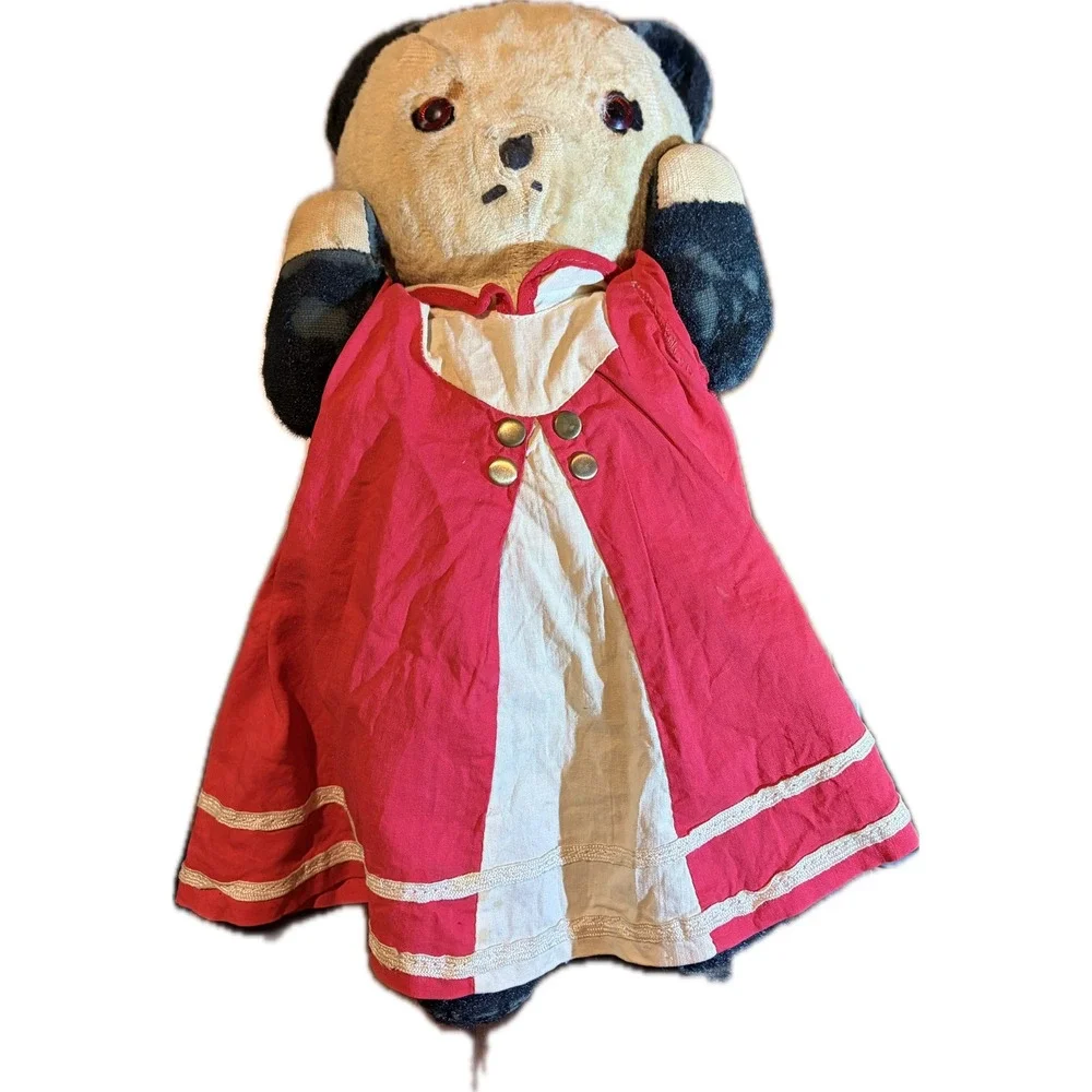 Antique 1925-1945 Panda Bear Plush Teddy Bear Stuffed Animal Red Glass Eyes 14in